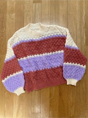 Chunky Striped Crewneck Bubble Sleeve Sweater